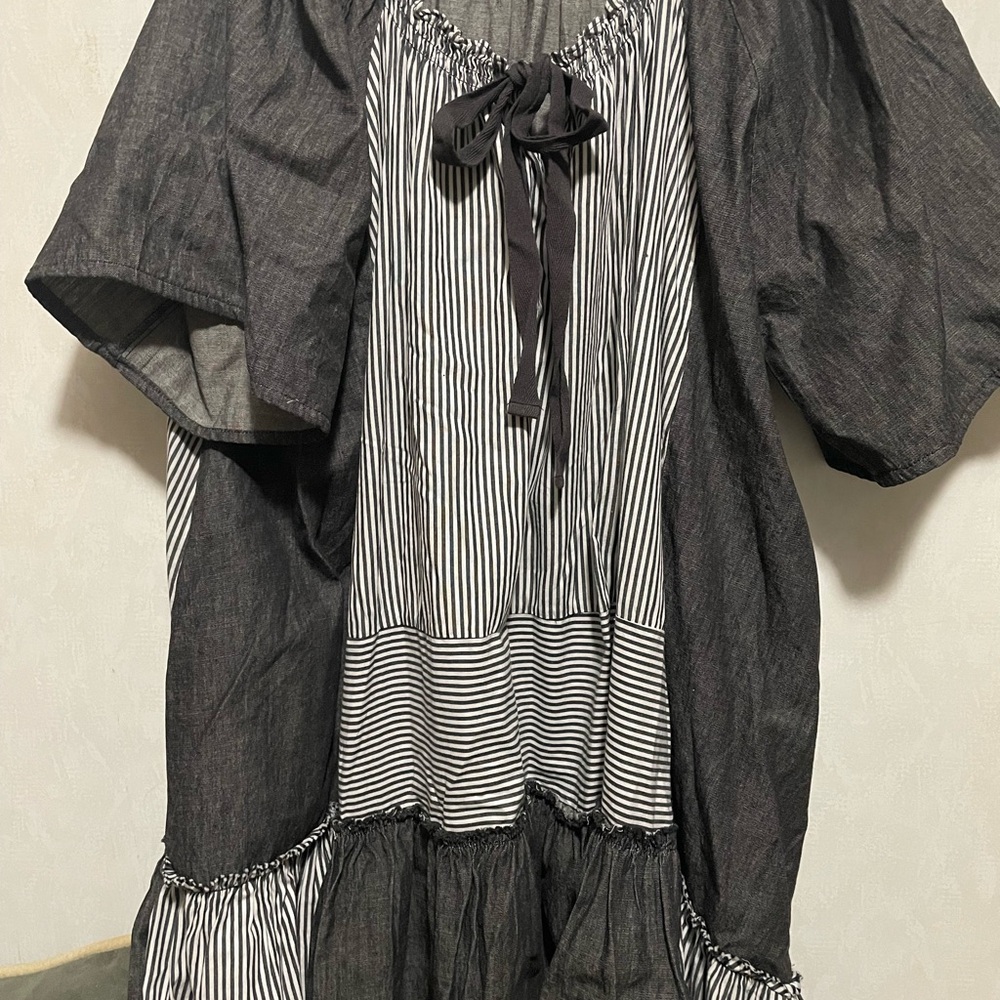 white birch Dark Blue and White Striped Peasant Dress